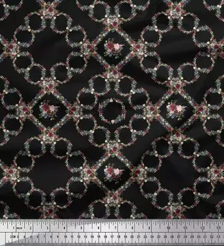 Черная полиэфирная креповая ткань Soimoi с цветочным венком и геометрическим принтом в ярдах, 42 дюйма 42 Inch Wide - Poly Crepe чёрный
