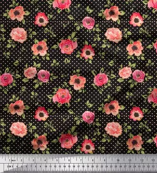 Черная полиэфирная креповая ткань Soimoi с листьями и цветущими камелиями, ткань с цветочным принтом, 1 ярд, 42 дюйма 42 Inch Wide - Poly Crepe чёрный