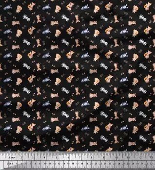 Черная полиэфирная креповая ткань Soimoi с милыми животными, детская ткань с принтом, 1 ярд, 42 дюйма 42 Inch Wide - Poly Crepe чёрный