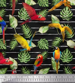 Черная полиэфирная креповая ткань Soimoi с принтами тропических листьев и птиц, 42 дюйма в ярдах 42 Inch Wide - Poly Crepe чёрный