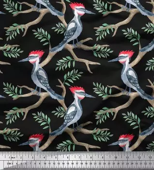 Черная полиэфирная креповая ткань Soimoi с принтом «Листья и дятел-птица» в ярдах, 42 дюйма 42 Inch Wide - Poly Crepe чёрный