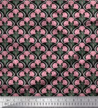 Черная полиэфирная креповая ткань Soimoi с принтом в виде листьев и лютика, дамасская ткань, 1 метр 42 дюйма 42 Inch Wide - Poly Crepe чёрный