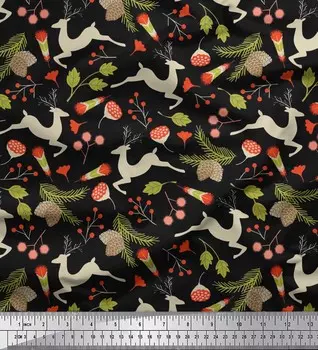 Черная полиэфирная креповая ткань Soimoi с принтом в виде листьев и оленей, 1 ярд, 42 дюйма 42 Inch Wide - Poly Crepe чёрный