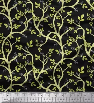 Черная полиэфирная креповая ткань Soimoi с принтом в виде листьев черники, 42 дюйма в ярдах 42 Inch Wide - Poly Crepe чёрный