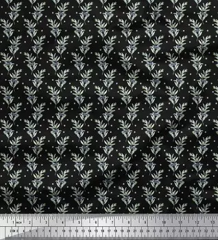 Черная полиэфирная креповая ткань Soimoi с принтом листьев черники BTY, 42 дюйма 42 Inch Wide - Poly Crepe чёрный