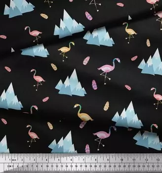 Черная полиэфирная креповая ткань Soimoi с принтом перьев и птиц фламинго 1 метр 42 дюйма 42 Inch Wide - Poly Crepe чёрный
