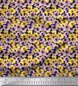 Черная полиэфирная креповая ткань Soimoi с ромашками и акварельным принтом, швейная ткань по метрам, 42 дюйма 42 Inch Wide - Poly Crepe чёрный