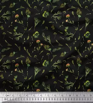 Черная полиэфирная креповая ткань Soimoi с желтыми горчичными листьями, ткань с принтом, 1 ярд, 42 дюйма 42 Inch Wide - Poly Crepe чёрный