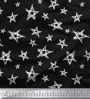 Черная полиэфирная креповая ткань Soimoi со звездами и принтом звезд, 1 метр, 42 дюйма 42 Inch Wide - Poly Crepe чёрный