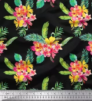 Черная полиэфирная креповая ткань Soimoi, ткань с плюмерией и цветочным принтом по метрам, 42 дюйма 42 Inch Wide - Poly Crepe чёрный