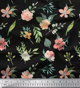 Черная полиэфирная креповая ткань Soimoi, ткань с акварельным принтом роз и цветов в ярдах, 42 дюйма 42 Inch Wide - Poly Crepe чёрный
