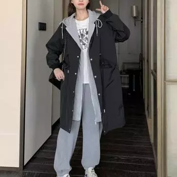 Черная повседневная ветровка с капюшоном для женщин, весна и осень, новое корейское студенческое свободное и универсальное пальто S чёрный