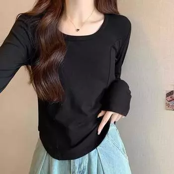 Черная приталенная рубашка с квадратным вырезом, женская верхняя одежда, осень 2024 г., новая футболка с длинным рукавом и неровным подолом S