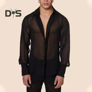 Черная прозрачная рубашка для мужчин, сетчатая прозрачная рубашка, тонкая рубашка с длинными рукавами, рубашка с V-образным вырезом и лацканами, модная однобортная рубашка, сексуальная базовая блузка для вечеринки XL чёрный