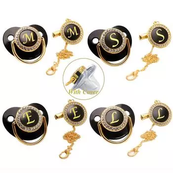 Черная пустышка для младенцев с крышкой Имя ребенка Начальная буква A-Z Силиконовый младенческий Прорезыватель Пустышка Клипсы Набор Baby Shower Подарок A чёрный