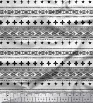 Черная японская креп-сатиновая ткань Soimoi, ацтекская геометрическая ткань с принтом на метр, 42 дюйма 42 Inch Wide - Poly Crepe синий