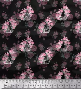 Черная японская креп-сатиновая ткань Soimoi черного цвета и ткань с цветочным принтом роз Grandiflora, 42 дюйма по метрам 42 Inch Wide - Poly Crepe чёрный