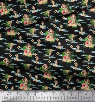 Черная японская креп-сатиновая ткань Soimoi, пляжная ткань с пальмами и девушками, принты по метрам, 42 дюйма 42 Inch Wide - Poly Crepe чёрный