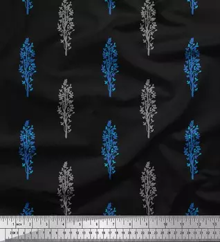 Черная японская креп-сатиновая ткань Soimoi с этническим принтом и листьями, 42 дюйма 42 Inch Wide - Poly Crepe зелёный