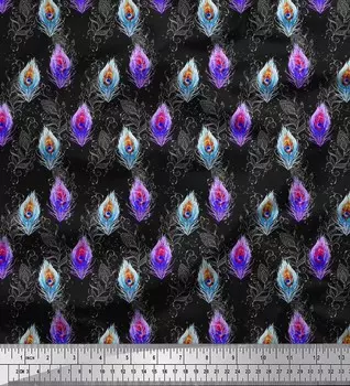 Черная японская креп-сатиновая ткань Soimoi с принтом из павлиньих перьев, ткань для рукоделия шириной 42 дюйма по метрам 42 Inch Wide - Poly Crepe чёрный