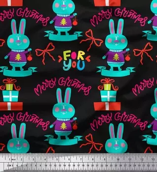 Черная японская креп-сатиновая ткань Soimoi с принтом на детской ткани с текстом и кроликом по метрам, 42 дюйма 42 Inch Wide - Cotton Voile чёрный