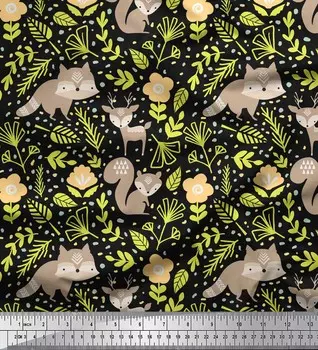 Черная японская креп-сатиновая ткань Soimoi с принтом в виде оленей и белок, ткань по метрам, 42 дюйма 42 Inch Wide - Poly Crepe чёрный