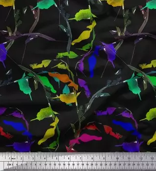 Черная японская креп-сатиновая ткань Soimoi с акварельным принтом и листьями, 42 дюйма на метр 42 Inch Wide - Poly Crepe чёрный