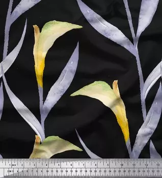 Черная японская креп-сатиновая ткань Soimoi с акварельным принтом и листьями, 42 дюйма по метрам 42 Inch Wide - Poly Crepe синий