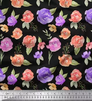 Черная японская креп-сатиновая ткань Soimoi с акварельным принтом цветов и листьев, 42 дюйма по метрам 42 Inch Wide - Poly Crepe чёрный