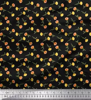 Черная японская креп-сатиновая ткань Soimoi с цветочным принтом розы, 42 дюйма на метр 42 Inch Wide - Poly Crepe чёрный