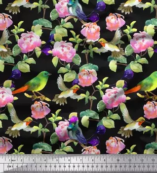 Черная японская креп-сатиновая ткань Soimoi с листьями | Ткань с цветочным принтом и принтом птиц-колибри в ярдах, 42 дюйма 42 Inch Wide - Cotton Voile чёрный