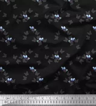 Черная японская креп-сатиновая ткань Soimoi с принтом ягод и бабочек 1 метр 42 дюйма 42 Inch Wide - Poly Crepe синий