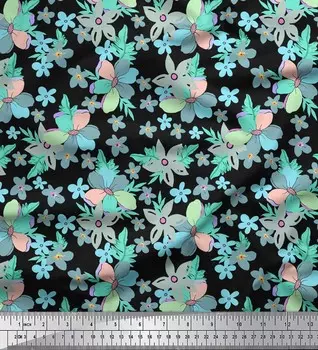 Черная японская креп-сатиновая ткань Soimoi с цветочным принтом в виде листьев и барвинка, 42 дюйма по метрам 42 Inch Wide - Poly Crepe синий