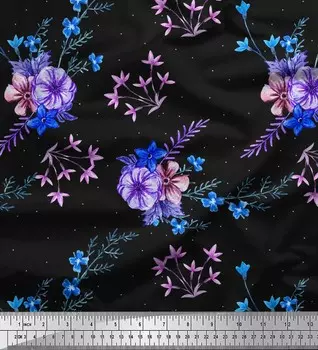 Черная японская креп-сатиновая ткань Soimoi с листьями и барвинком с цветочным принтом, 42 дюйма на метр 42 Inch Wide - Poly Crepe чёрный