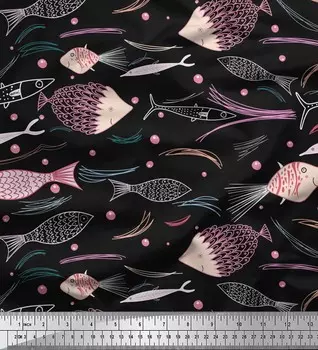 Черная японская креп-сатиновая ткань Soimoi с принтом пузырей и рыбного океана, 42 дюйма по метрам 42 Inch Wide - Poly Crepe синий