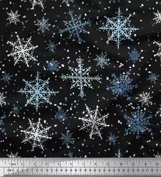 Черная японская креп-сатиновая ткань Soimoi со снежными хлопьями и звездами в ярдах, 42 дюйма 42 Inch Wide - Cotton Voile чёрный