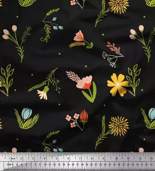 Черная японская креп-сатиновая ткань Soimoi, ткань с художественным листом и цветочным декором, ткань с принтом, 42 дюйма 42 Inch Wide - Cotton Voile чёрный