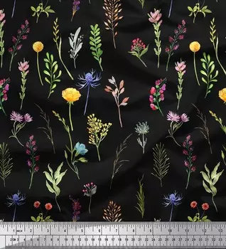Черная японская креп-сатиновая ткань Soimoi, ткань с принтом в виде листьев лютика и душистого горошка, 42 дюйма на метр 42 Inch Wide - Poly Crepe чёрный