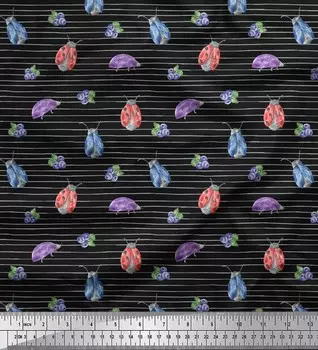 Черная японская креп-сатиновая ткань Soimoi, ткань с принтом божьей коровки и насекомых, 42 дюйма по метрам 42 Inch Wide - Cotton Voile чёрный