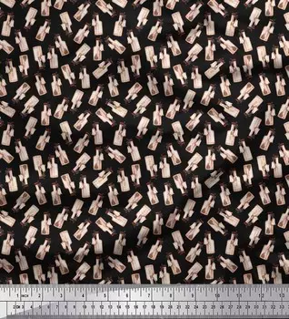 Черная японская креп-сатиновая ткань Soimoi, ткань с художественным принтом в виде ежа и бутылки, 42 дюйма по метрам 42 Inch Wide - Poly Crepe чёрный