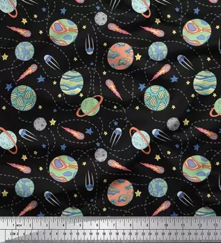 Черная японская креп-сатиновая ткань Soimoi, ткань с принтом «Планета и звезды и галактика» по метрам, 42 дюйма 42 Inch Wide - Cotton Voile чёрный