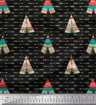 Черная японская креп-сатиновая ткань Soimoi, ткань для рукоделия с принтом «палатка и стрела» в этническом стиле, 42 дюйма по метрам 42 Inch Wide - Poly Crepe чёрный