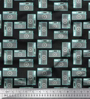 Черная японская креп-сатиновая ткань Soimoi, ткань с принтом в виде камеры и точек, 42 дюйма по метрам 42 Inch Wide - Poly Crepe чёрный