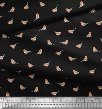 Черная японская креп-сатиновая ткань Soimoi, ткань с принтом Робина и птицы на метр, 42 дюйма 42 Inch Wide - Poly Crepe чёрный