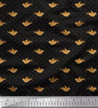 Черная японская креп-сатиновая ткань Soimoi, ткань с принтом птиц и точек, 1 метр, 42 дюйма 42 Inch Wide - Poly Crepe чёрный