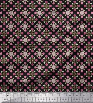 Черная японская креп-сатиновая ткань Soimoi, ткань с дамасским принтом астры и розы, 42 дюйма на метр 42 Inch Wide - Poly Crepe чёрный