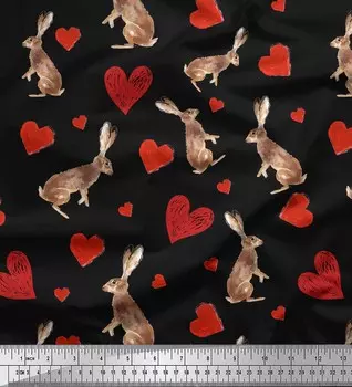 Черная японская креп-сатиновая ткань Soimoi, ткань с принтом кролика и сердца, 42 дюйма по метрам 42 Inch Wide - Poly Crepe чёрный