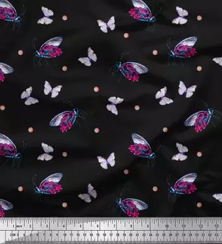 Черная японская креп-сатиновая ткань Soimoi в горошек и с красочным принтом бабочки, 42 дюйма по метрам 42 Inch Wide - Poly Crepe чёрный
