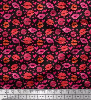 Черная японская креп-сатиновая ткань Soimoi, женская ткань с принтом в форме сердца и губ, 42 дюйма по метрам 42 Inch Wide - Poly Crepe чёрный