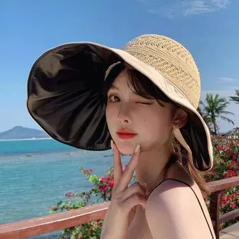 Черная резиновая пляжная шляпа с защитой от солнца, женская шляпа с открытым верхом, весенне-летняя соломенная шляпа с большими полями, защита от солнца чёрный